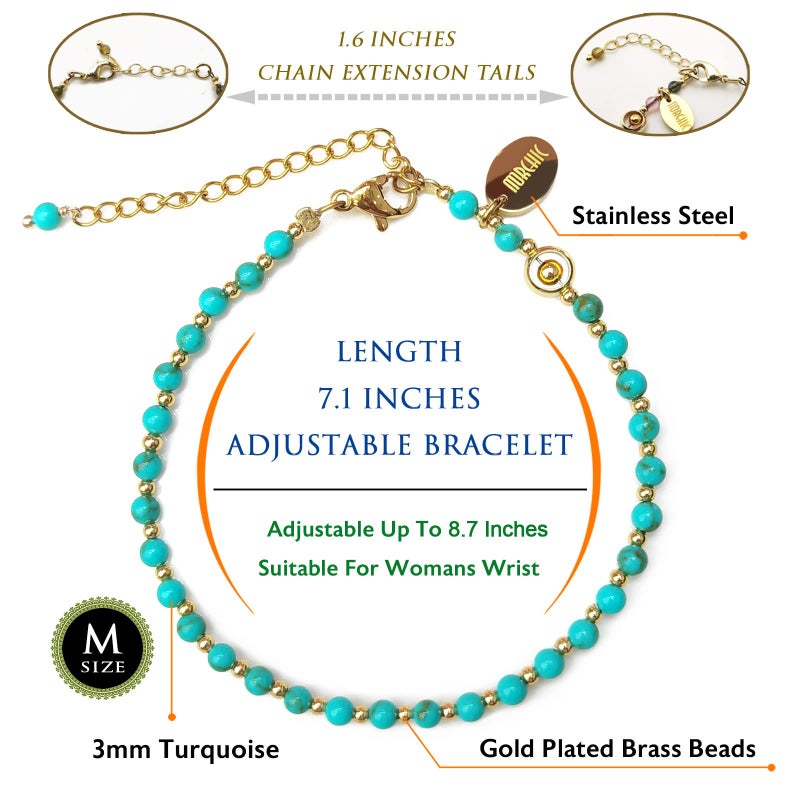 Morchic 3mm Blue Turquoise Tiny Beads Bracelet for Women, Adjustable 7.1" Dainty Handmade Energy Gem Jewelry, Birthday Gift - Image 2